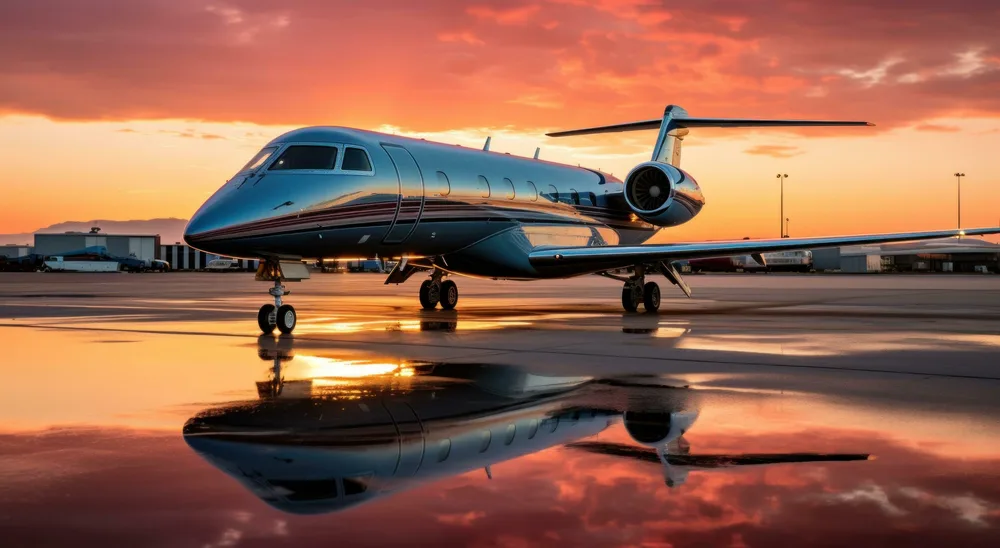 Private jet parked on the ramp at sunset, reflecting on the wet tarmac
