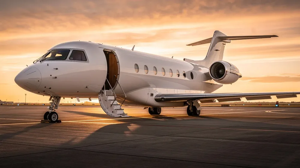 Private jet parked on the ramp at sunset with the cabin door open